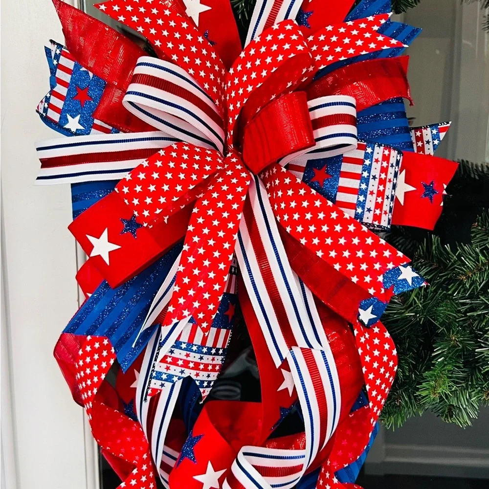 XL Patriotic Red, Navy & White Ribbon Bow Wreath Accent Handmade
